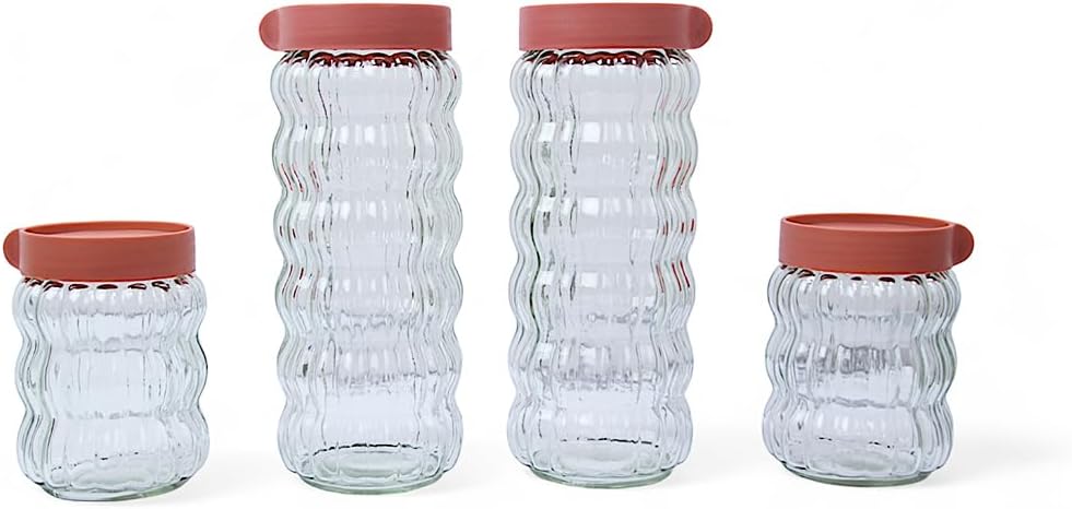 Yanek Clear Glass Kitchen Storage Jars with Plastic Stackable Lids – Durable, Space-Saving Design for Dry Food, Spices, and Pantry Organization – Ideal for Home, Office, and Kitchen Storage Pack of 4
