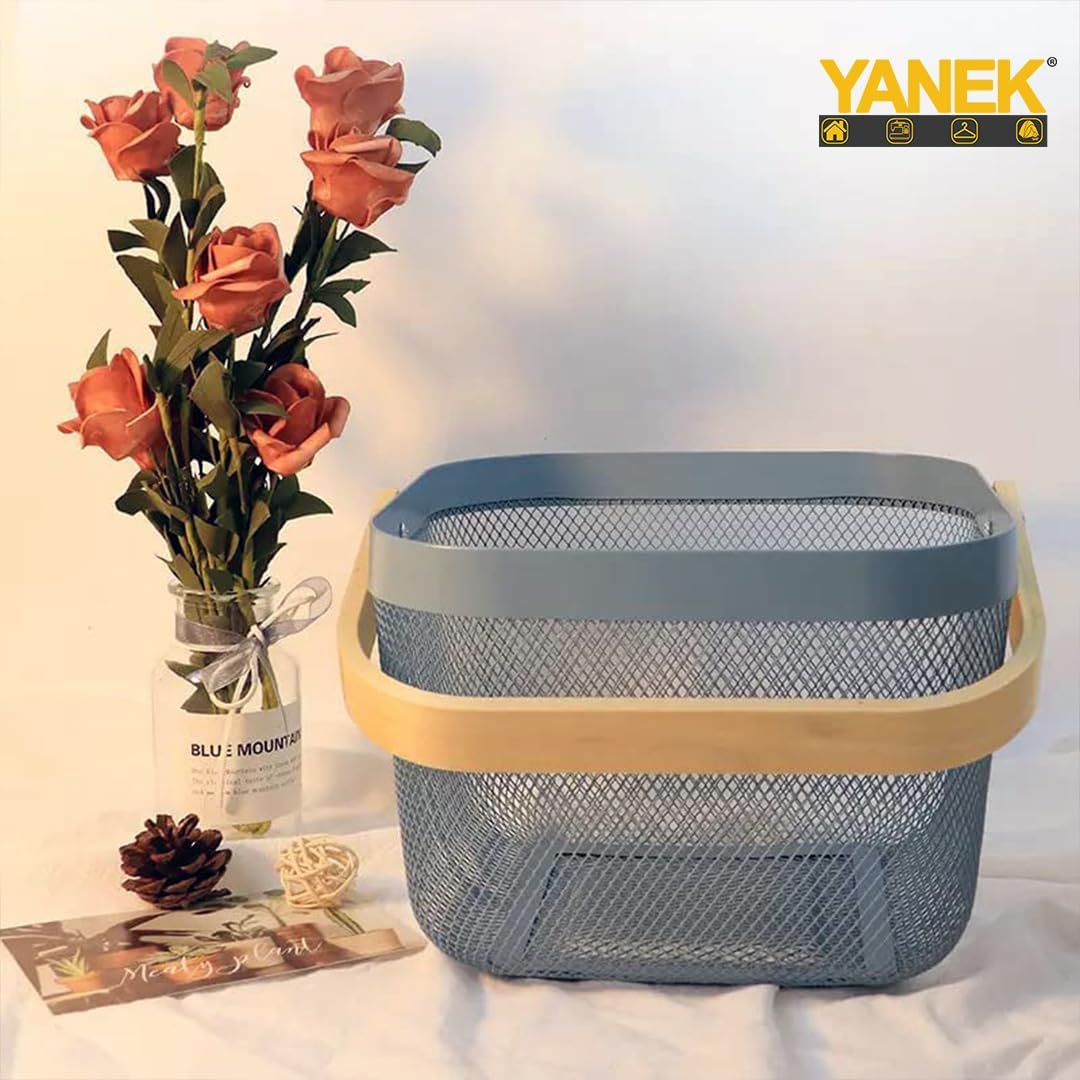 Yanek Metal Mesh Storage Basket with Wooden Handle - The Perfect Blend of Style and Durability for Organizing Your Home, Office, and More (White)