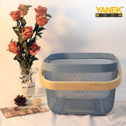 Yanek Metal Mesh Storage Basket with Wooden Handle - The Perfect Blend of Style and Durability for Organizing Your Home, Office, and More (White)