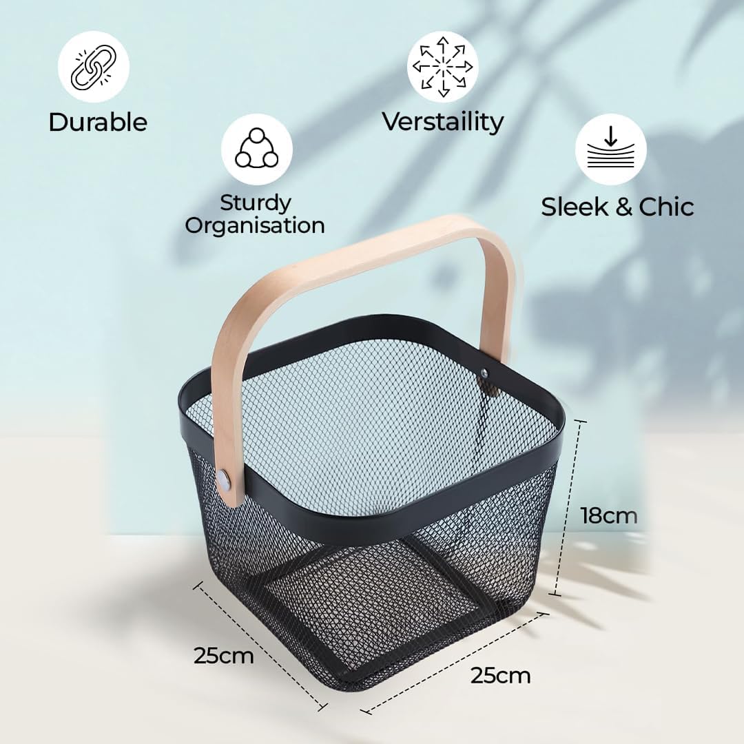 Yanek Metal Mesh Storage Basket with Wooden Handle - The Perfect Blend of Style and Durability for Organizing Your Home, Office, and More (White)