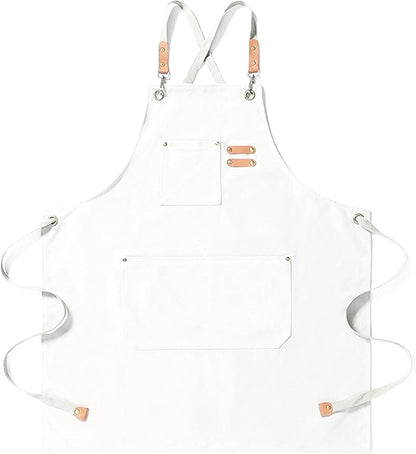 YANEK Chef Apron Cotton Canvas Cross Back Adjustable Apron with 3 Pockets Waterdrop Resistant | for Chef, Artist Painting, Baker, Barista, Bartender, Restaurant, BBQ Aprons for Unisex