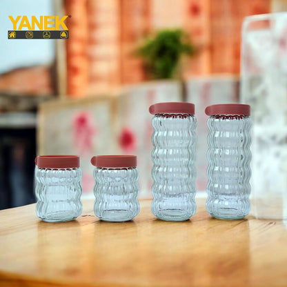 Yanek Clear Glass Kitchen Storage Jars with Plastic Stackable Lids – Durable, Space-Saving Design for Dry Food, Spices, and Pantry Organization – Ideal for Home, Office, and Kitchen Storage Pack of 4