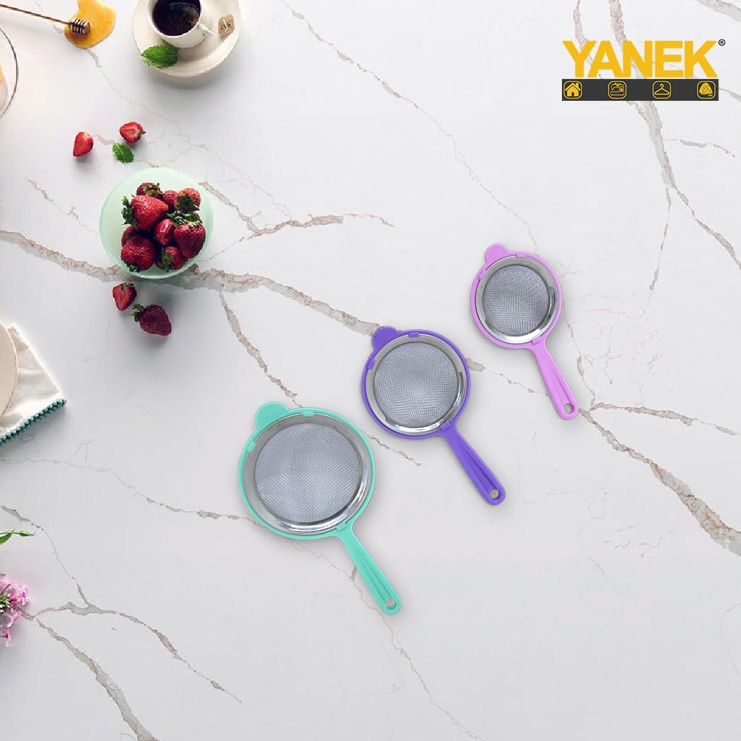 Yanek Premium Strainers with Ergonomic Sturdy Handles for Washing Fruits, Vegetables, and Cooking – Versatile Kitchen Drain Tools for Food Prep and Straining (Set of 3)