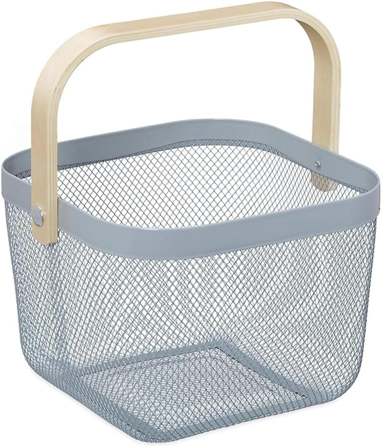 Yanek Metal Mesh Storage Basket with Wooden Handle - The Perfect Blend of Style and Durability for Organizing Your Home, Office, and More (White)