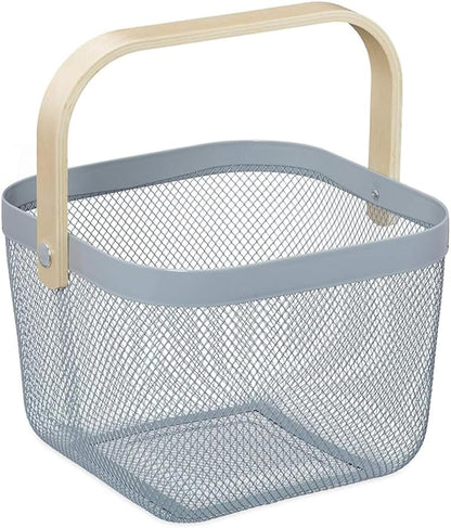 Yanek Metal Mesh Storage Basket with Wooden Handle - The Perfect Blend of Style and Durability for Organizing Your Home, Office, and More (White)