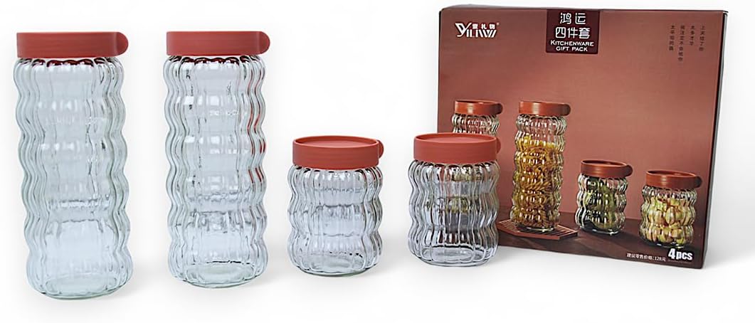 Yanek Clear Glass Kitchen Storage Jars with Plastic Stackable Lids – Durable, Space-Saving Design for Dry Food, Spices, and Pantry Organization – Ideal for Home, Office, and Kitchen Storage Pack of 4