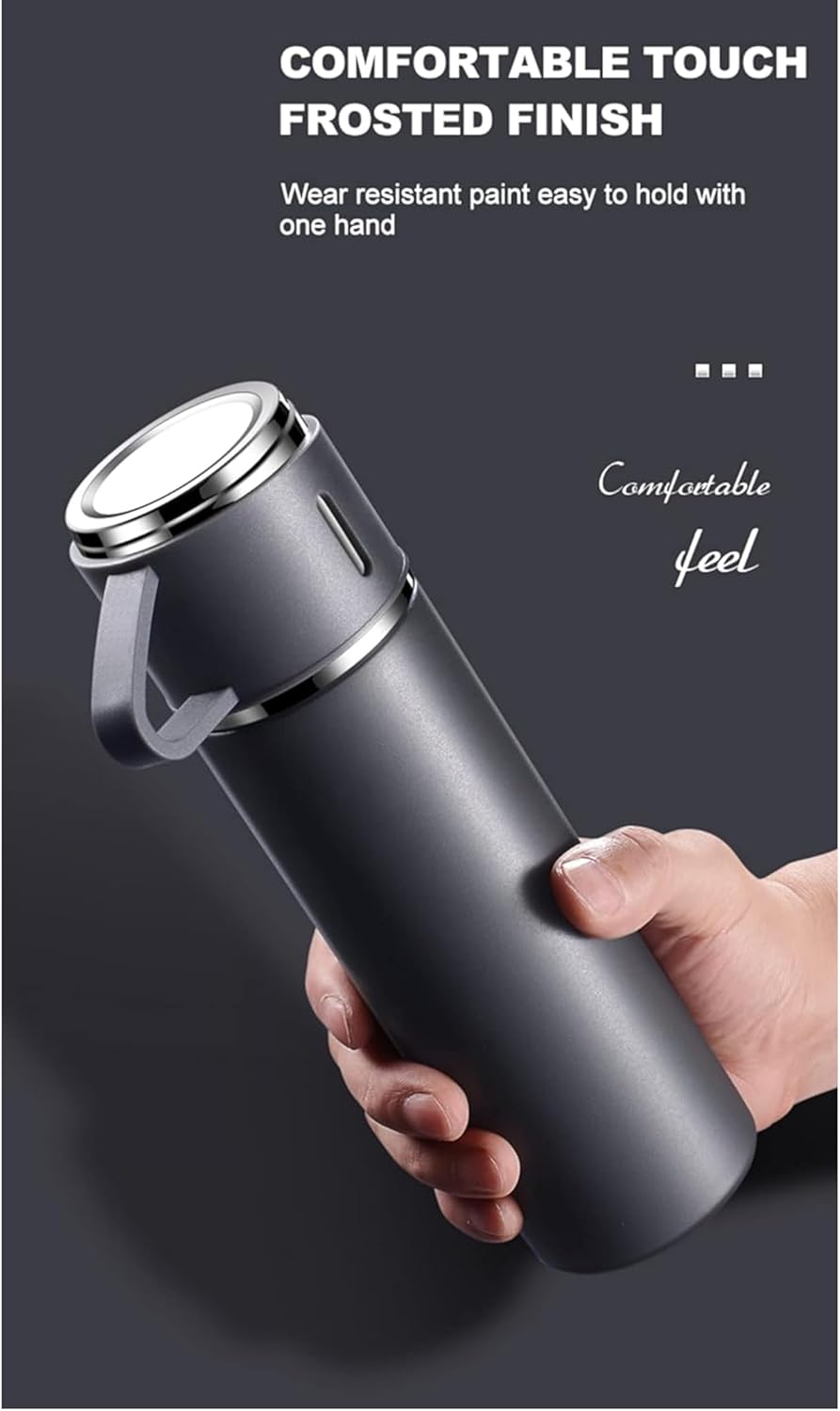 YANEK 500ml Stainless Steel Vacuum Thermos flask with Silicone Handle and Insulated Water bottle with 2 stainless steel cups set for Hot and Cold Outdoor travel | Gift box (1 PACK, PINK)