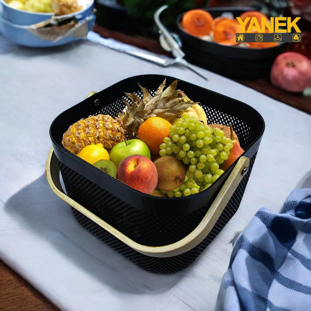 Yanek Metal Mesh Storage Basket with Wooden Handle - The Perfect Blend of Style and Durability for Organizing Your Home, Office, and More (White)