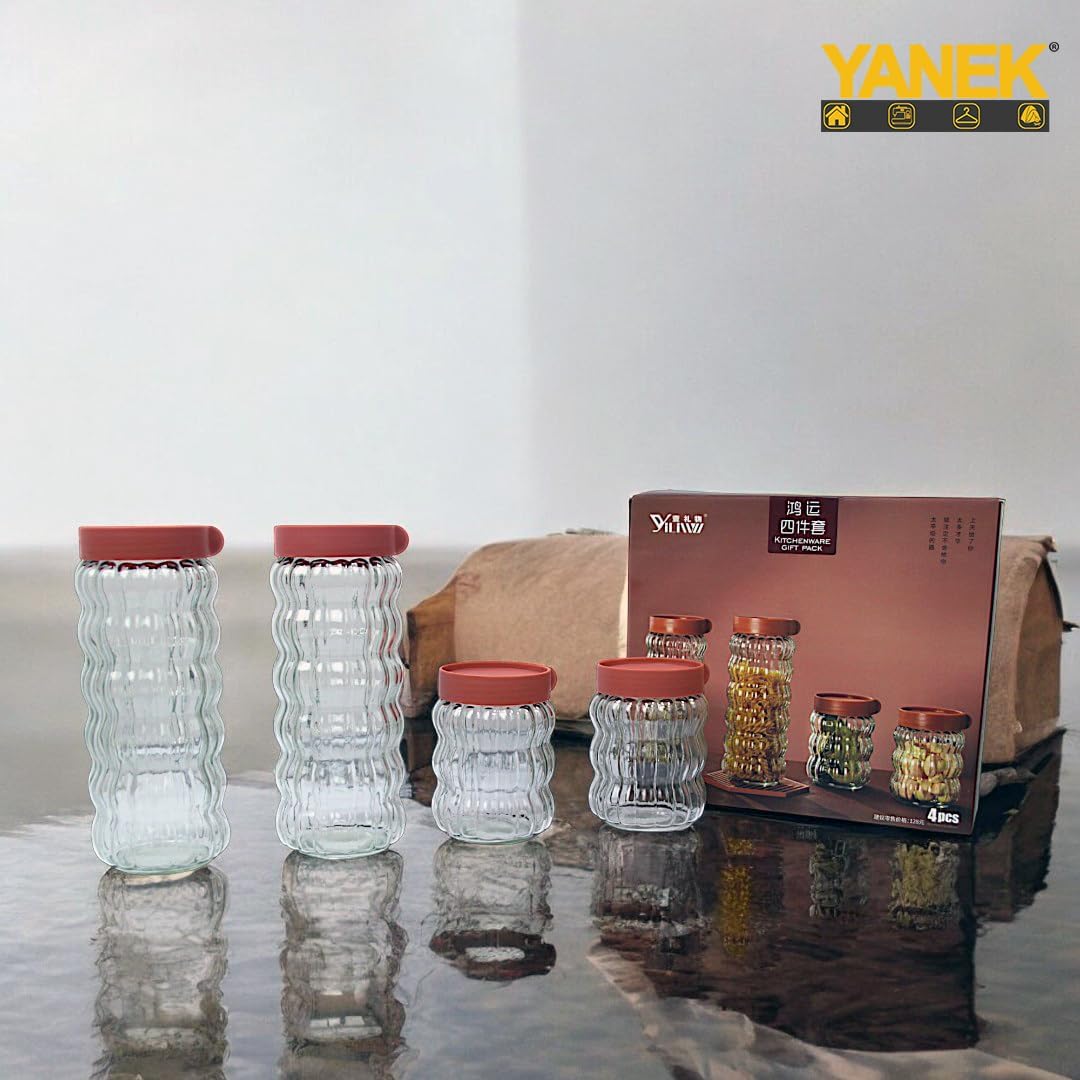 Yanek Clear Glass Kitchen Storage Jars with Plastic Stackable Lids – Durable, Space-Saving Design for Dry Food, Spices, and Pantry Organization – Ideal for Home, Office, and Kitchen Storage Pack of 4