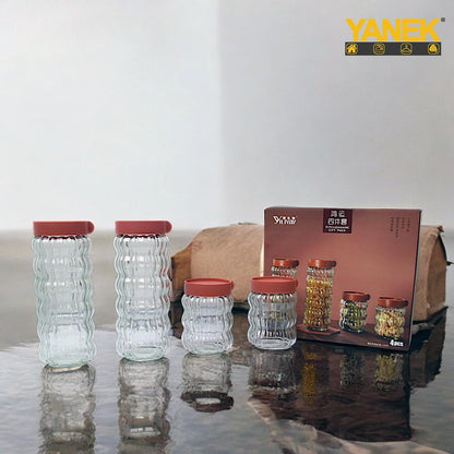 Yanek Clear Glass Kitchen Storage Jars with Plastic Stackable Lids – Durable, Space-Saving Design for Dry Food, Spices, and Pantry Organization – Ideal for Home, Office, and Kitchen Storage Pack of 4