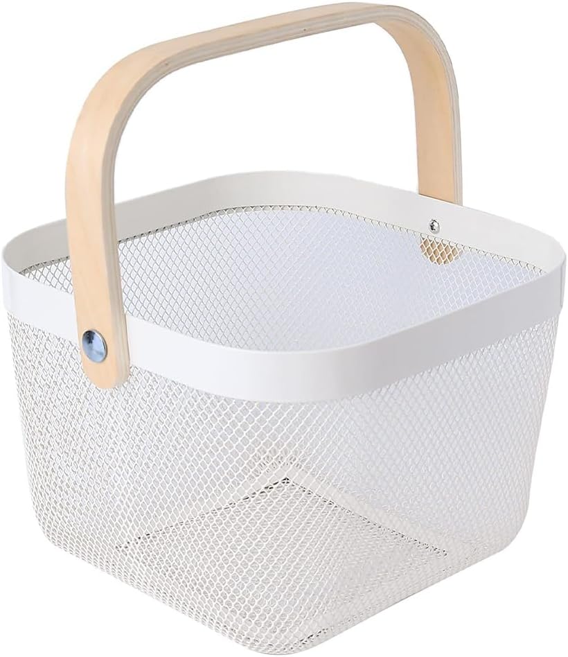 Yanek Metal Mesh Storage Basket with Wooden Handle - The Perfect Blend of Style and Durability for Organizing Your Home, Office, and More (White)