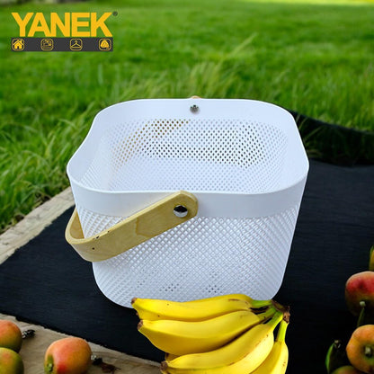Yanek Metal Mesh Storage Basket with Wooden Handle - The Perfect Blend of Style and Durability for Organizing Your Home, Office, and More (White)