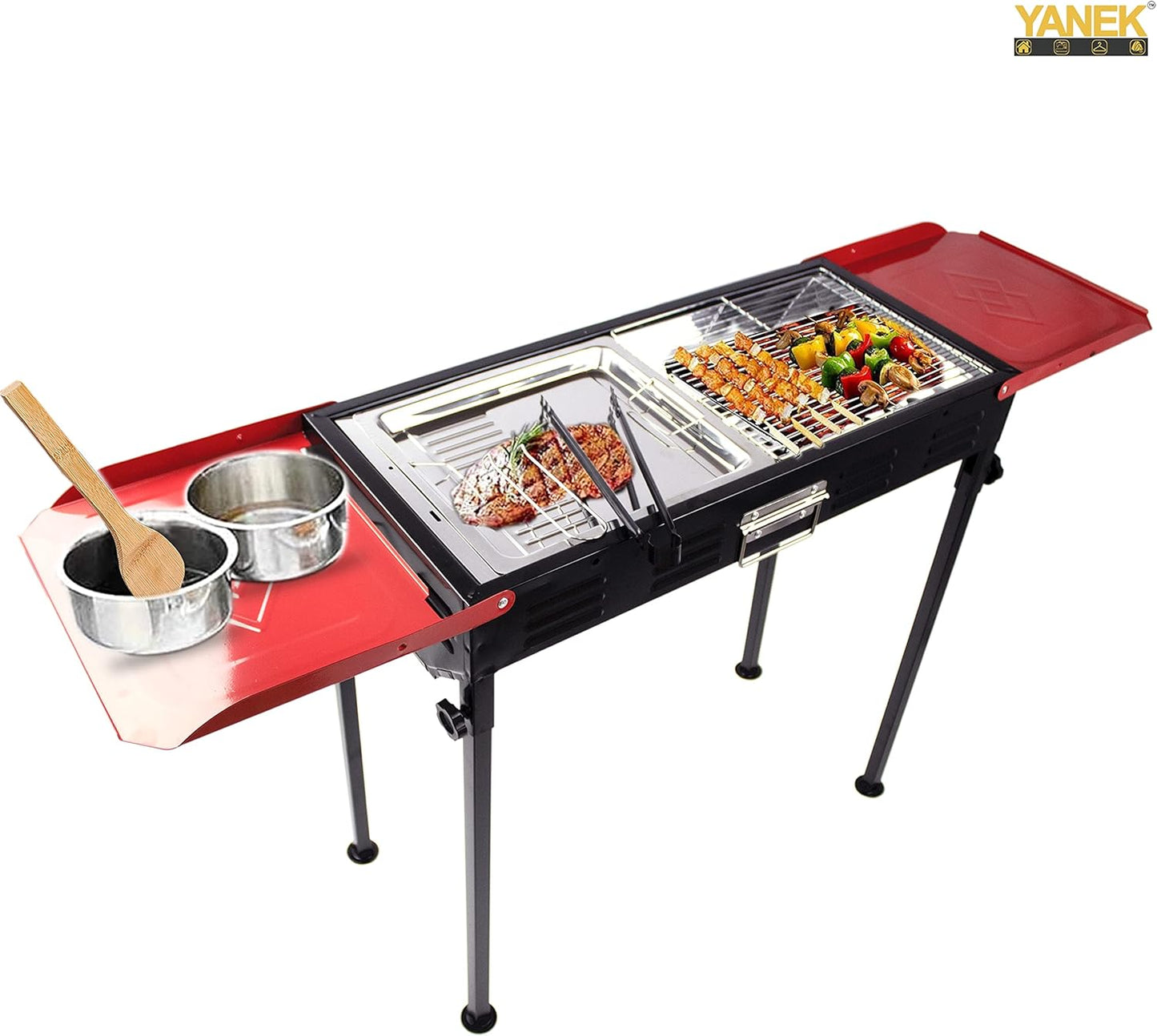 YANEK Stainless Steel Charcoal BBQ Grill – Large Foldable Portable Grill with Side Shelf & Storage Basket (68x66.5x30 cm) | Camping, Picnic & Outdoor Cooking | Wholesale BBQ Grills UAE.