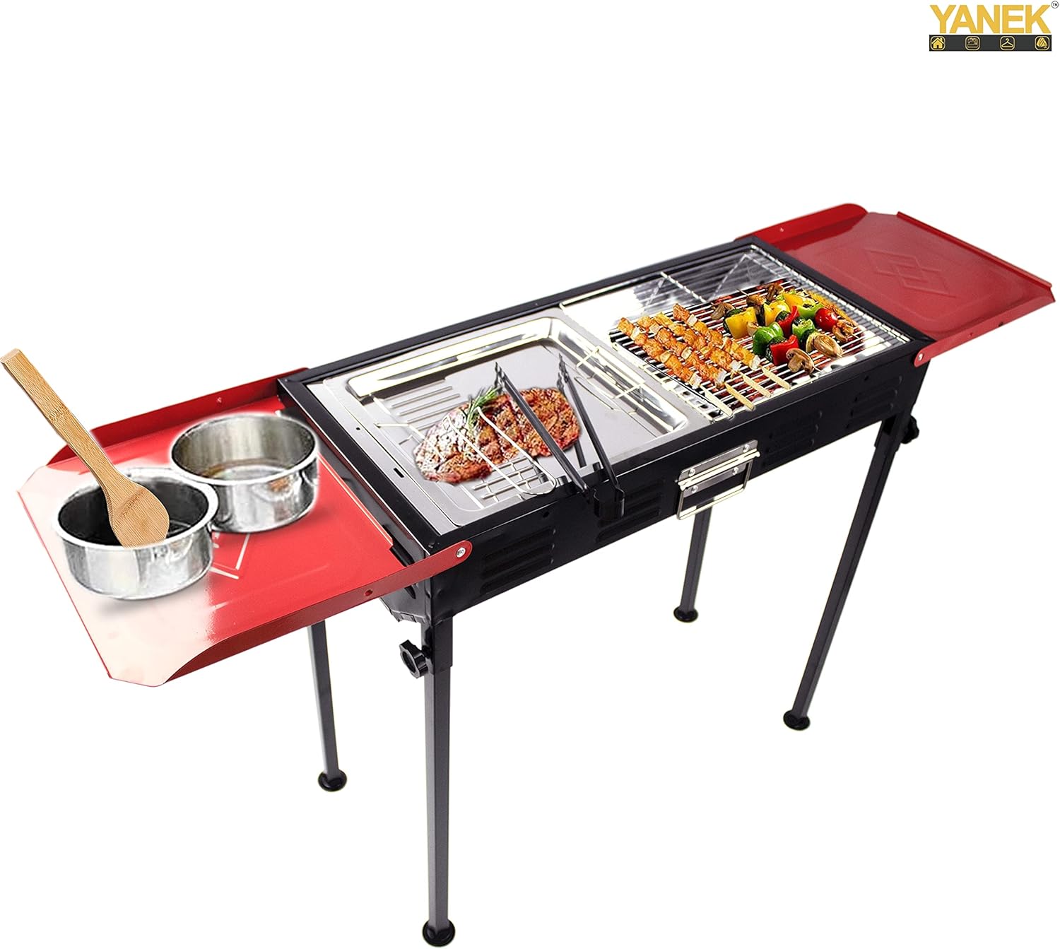 YANEK Stainless Steel Charcoal BBQ Grill – Large Foldable Portable Grill with Side Shelf & Storage Basket (68x66.5x30 cm) | Camping, Picnic & Outdoor Cooking | Wholesale BBQ Grills UAE.