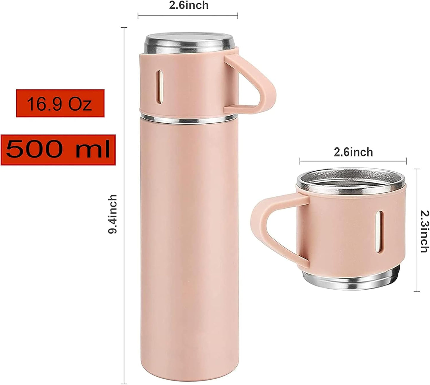 YANEK 500ml Stainless Steel Vacuum Thermos flask with Silicone Handle and Insulated Water bottle with 2 stainless steel cups set for Hot and Cold Outdoor travel | Gift box (1 PACK, PINK)