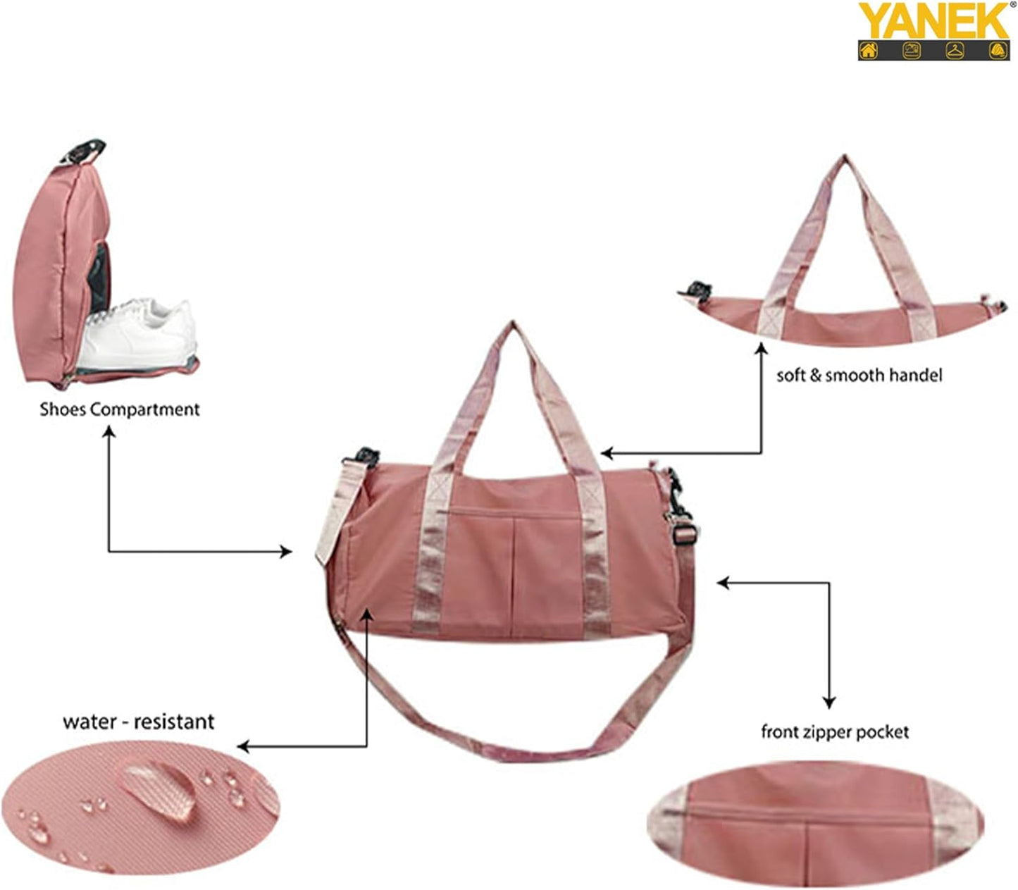 Yanek Travel Duffel Bag with Shoe Compartment – Sports Gym Bag with Waterproof Pocket for Wet Towels – Unisex Design (Pink)