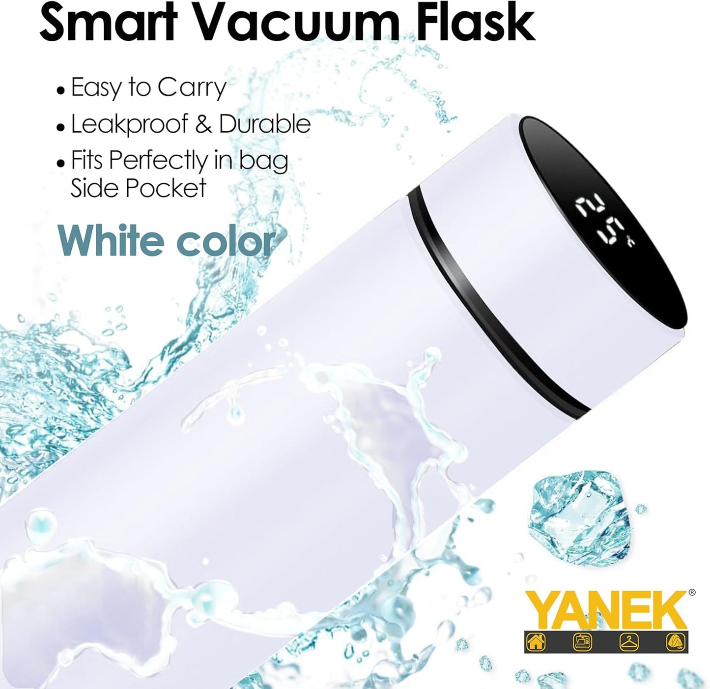Yanek Smart Water Bottle Stainless Steel – Travel Mug with Smart LCD Touch Screen Temperature Display, Leak-Proof, Hot & Cold Beverage Flask, Ideal for Trave, Gym, Office, & Daily Use (BLACK)
