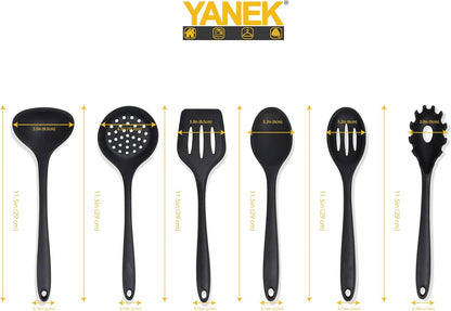 Yanek 6-Piece Silicon Kitchen Utensil Set - Non-Scratch Slotted Spatula, Slotted Spoon, Spaghetti Server, Serving Spoon, Soup Ladle for Cooking, Stirring, & Serving - Perfect Nonstick Cookware (Black)