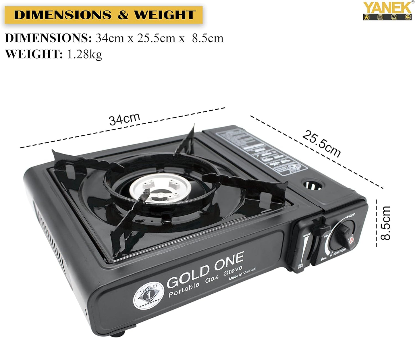 YANEK Portable Gas Stove – Black Butane Stove with Carry Case | Camping, BBQ & Emergency Cooking | Wholesale BBQ Grills & Fuel UAE.