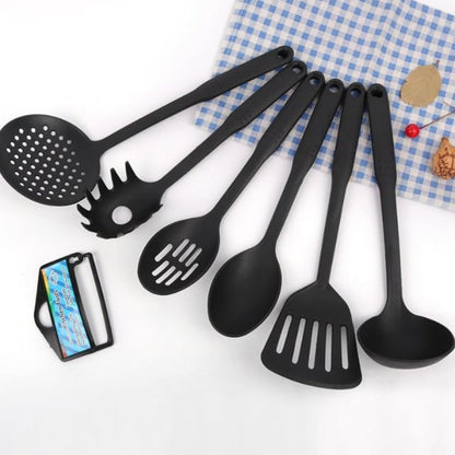 Yanek 6-Piece Silicon Kitchen Utensil Set - Non-Scratch Slotted Spatula, Slotted Spoon, Spaghetti Server, Serving Spoon, Soup Ladle for Cooking, Stirring, & Serving - Perfect Nonstick Cookware (Black)