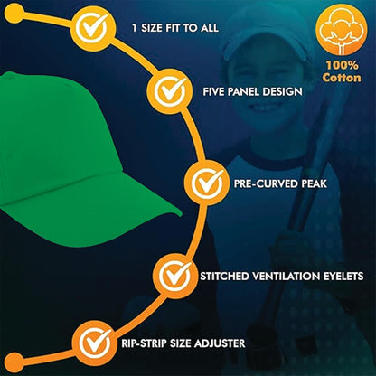 Yanek Kid's Baseball Cap with Velcro Closure Plain Cap for Boys & Girls | 100% Cotton, Ultra-Soft | Adjustable, Comfortable & UV protection 5-Panel