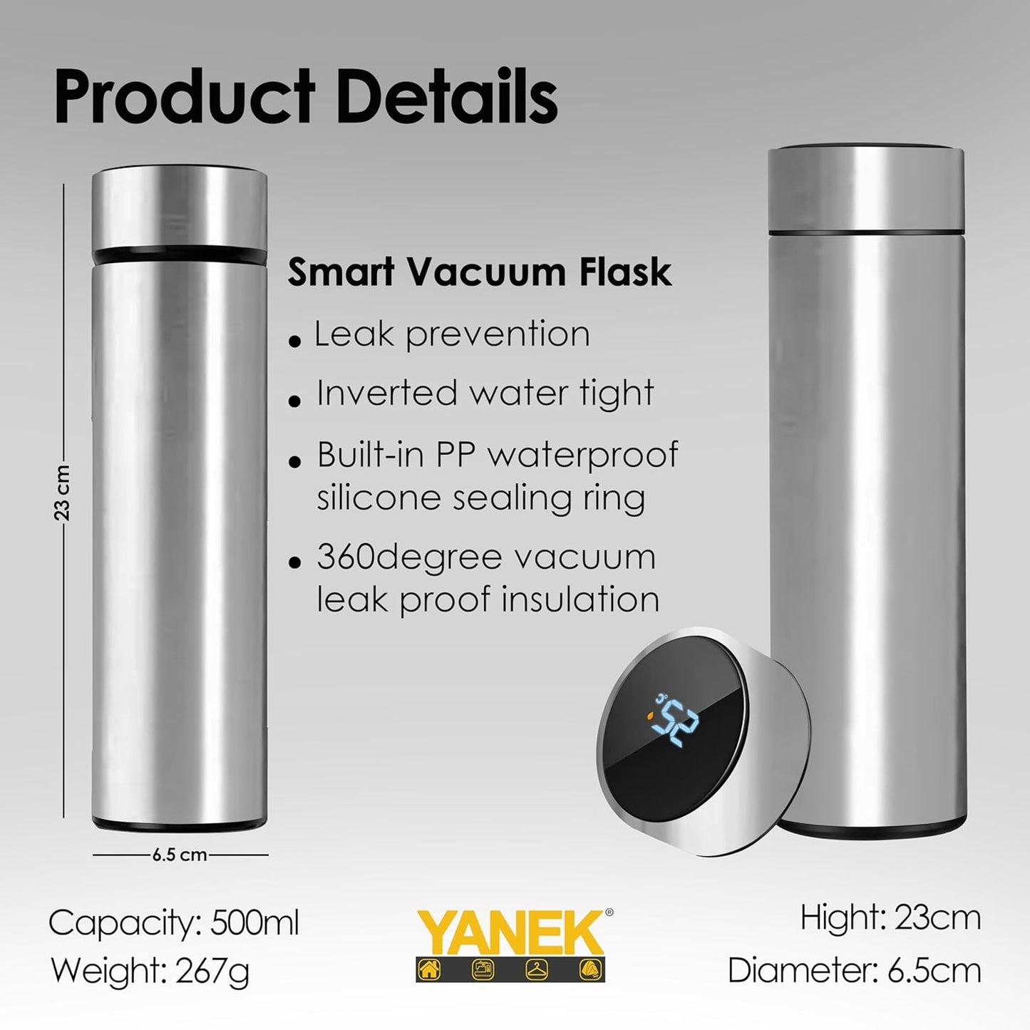Yanek Smart Water Bottle Stainless Steel – Travel Mug with Smart LCD Touch Screen Temperature Display, Leak-Proof, Hot & Cold Beverage Flask, Ideal for Trave, Gym, Office, & Daily Use (BLACK)