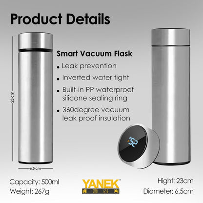 Yanek Smart Water Bottle Stainless Steel – Travel Mug with Smart LCD Touch Screen Temperature Display, Leak-Proof, Hot & Cold Beverage Flask, Ideal for Trave, Gym, Office, & Daily Use (BLACK)
