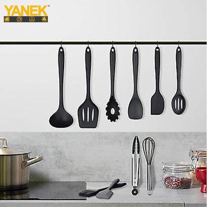 Yanek 6-Piece Silicon Kitchen Utensil Set - Non-Scratch Slotted Spatula, Slotted Spoon, Spaghetti Server, Serving Spoon, Soup Ladle for Cooking, Stirring, & Serving - Perfect Nonstick Cookware (Black)