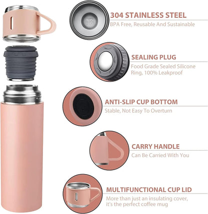 YANEK 500ml Stainless Steel Vacuum Thermos flask with Silicone Handle and Insulated Water bottle with 2 stainless steel cups set for Hot and Cold Outdoor travel | Gift box (1 PACK, PINK)