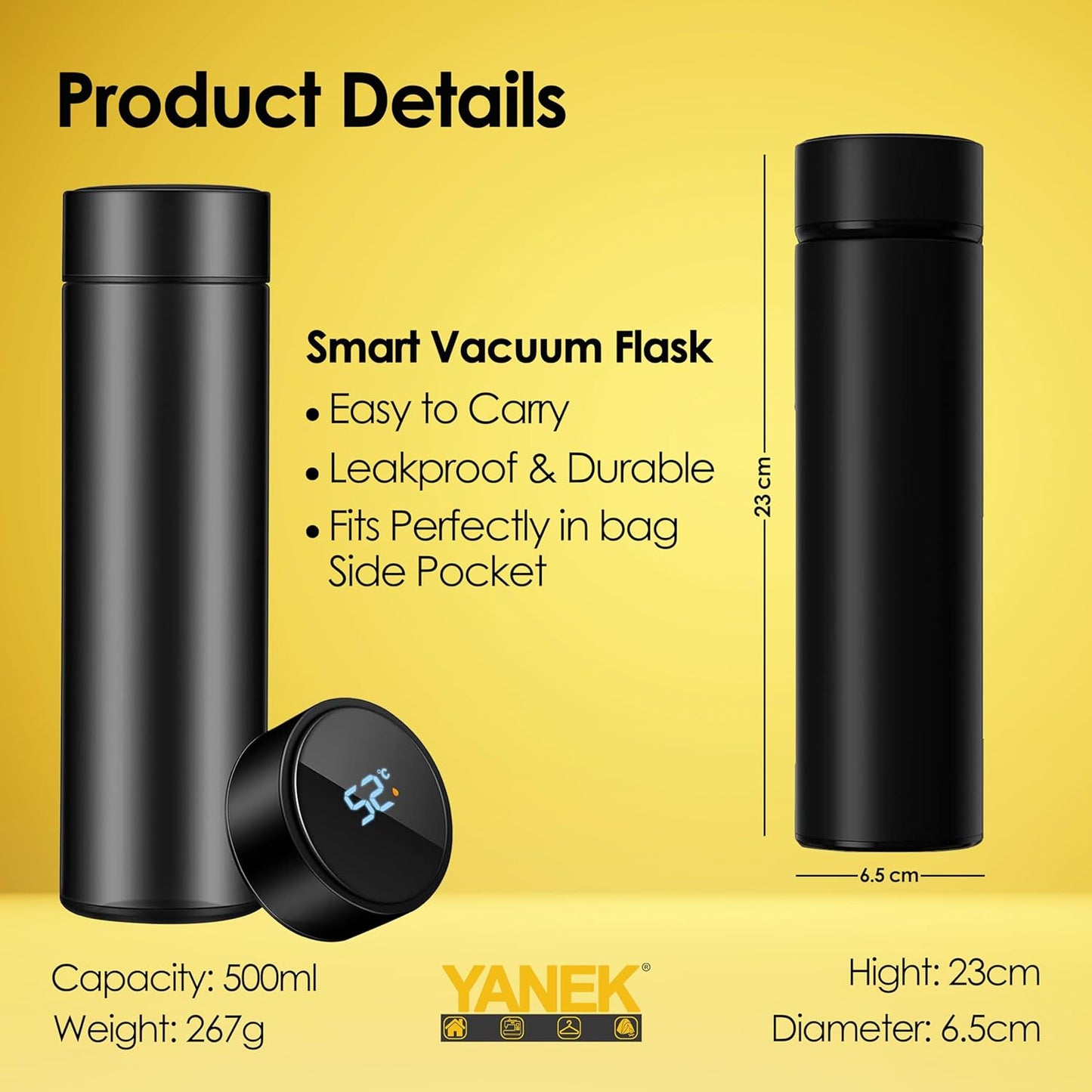 Yanek Smart Water Bottle Stainless Steel – Travel Mug with Smart LCD Touch Screen Temperature Display, Leak-Proof, Hot & Cold Beverage Flask, Ideal for Trave, Gym, Office, & Daily Use (BLACK)