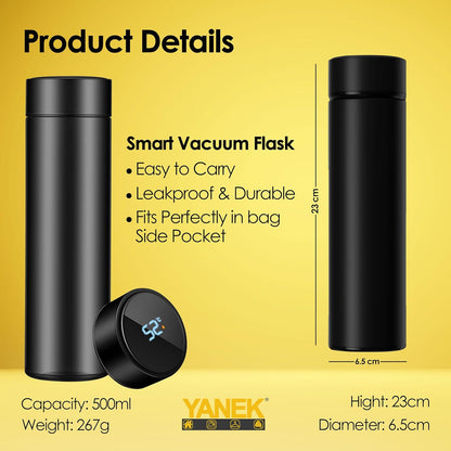 Yanek Smart Water Bottle Stainless Steel – Travel Mug with Smart LCD Touch Screen Temperature Display, Leak-Proof, Hot & Cold Beverage Flask, Ideal for Trave, Gym, Office, & Daily Use (BLACK)