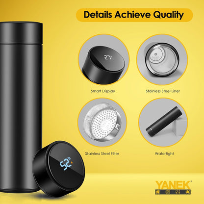 Yanek Smart Water Bottle Stainless Steel – Travel Mug with Smart LCD Touch Screen Temperature Display, Leak-Proof, Hot & Cold Beverage Flask, Ideal for Trave, Gym, Office, & Daily Use (BLACK)