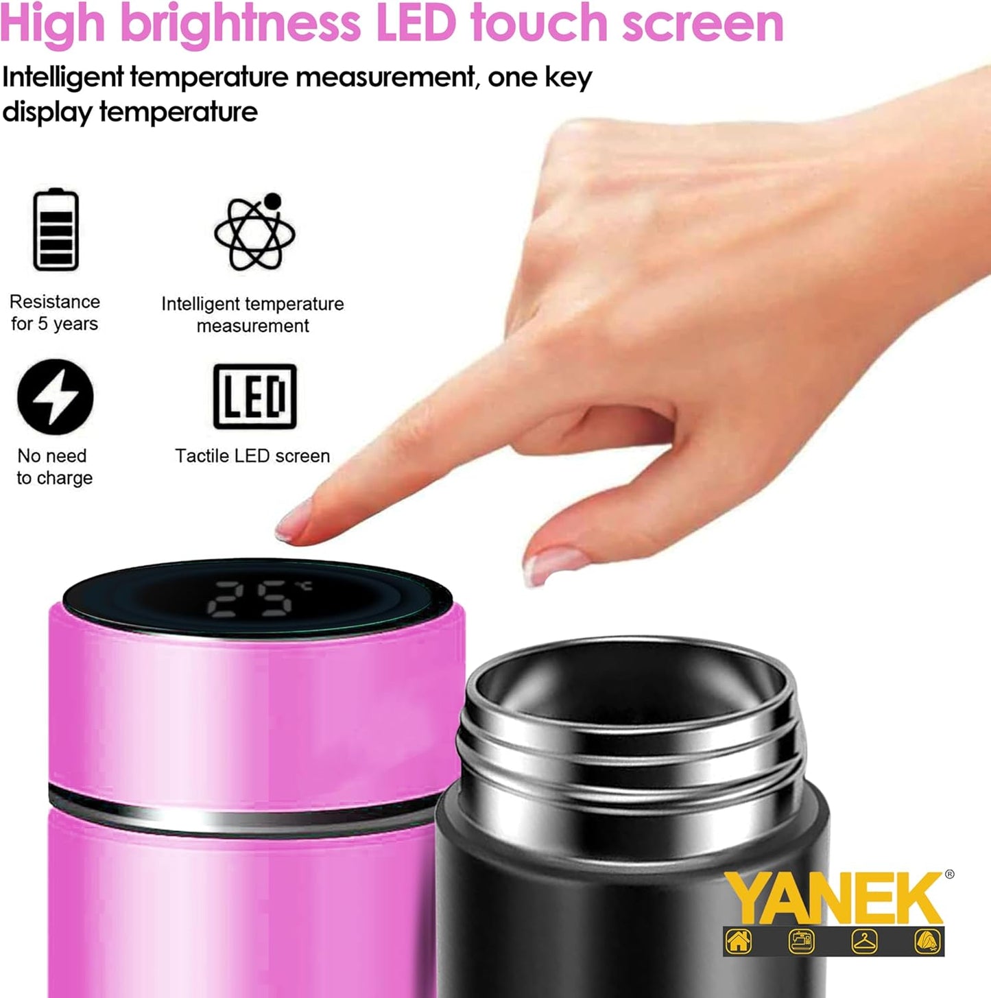 Yanek Smart Water Bottle Stainless Steel – Travel Mug with Smart LCD Touch Screen Temperature Display, Leak-Proof, Hot & Cold Beverage Flask, Ideal for Trave, Gym, Office, & Daily Use (BLACK)