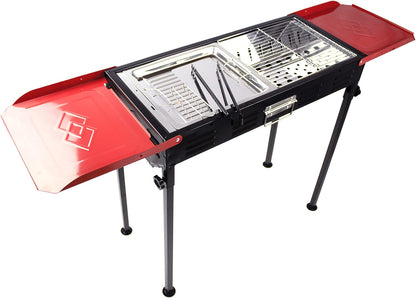 YANEK Stainless Steel Charcoal BBQ Grill – Large Foldable Portable Grill with Side Shelf & Storage Basket (68x66.5x30 cm) | Camping, Picnic & Outdoor Cooking | Wholesale BBQ Grills UAE.