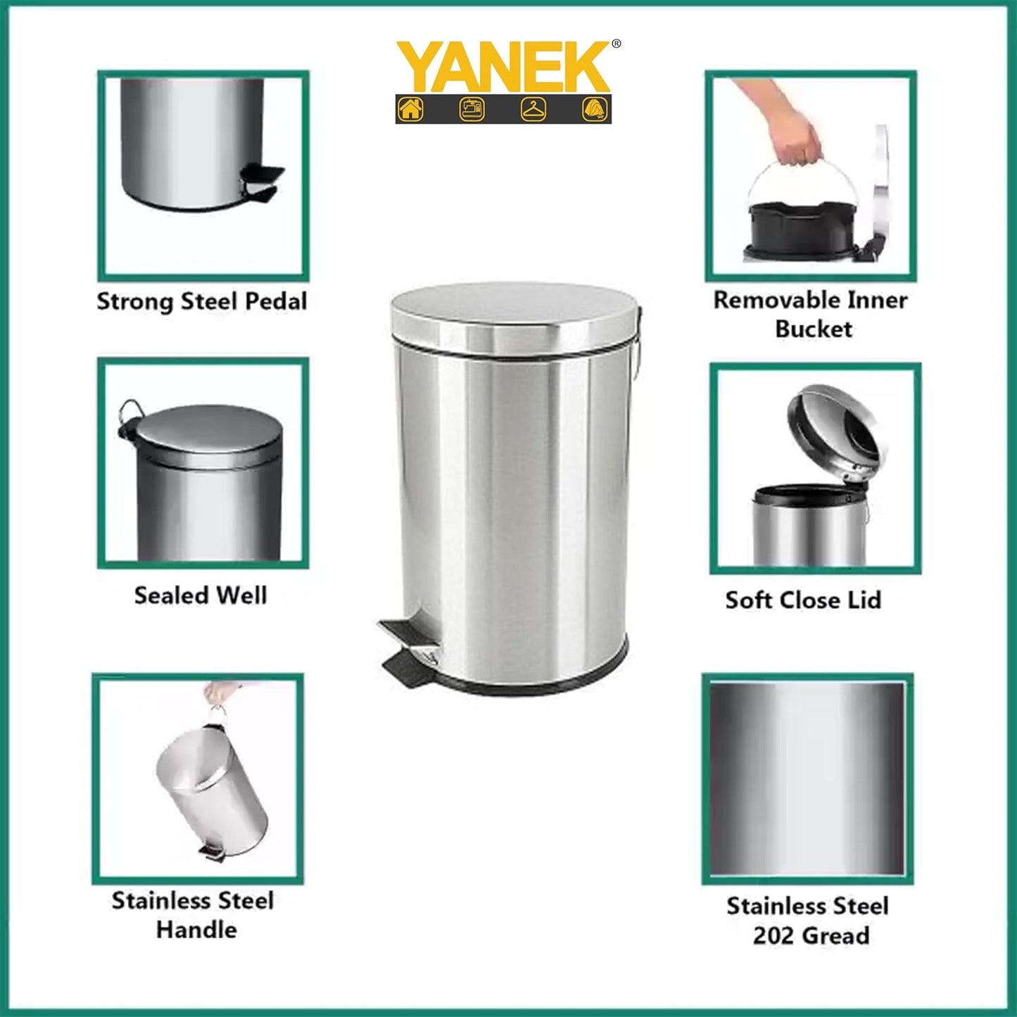Yanek Stainless Steel Pedal Bin 5L - Compact Trash Can with Foot Pedal for Bathroom, Kitchen, Office, and Home Use - Durable, perfect for small trash items