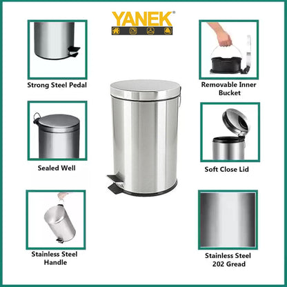 Yanek Stainless Steel Pedal Bin 5L - Compact Trash Can with Foot Pedal for Bathroom, Kitchen, Office, and Home Use - Durable, perfect for small trash items
