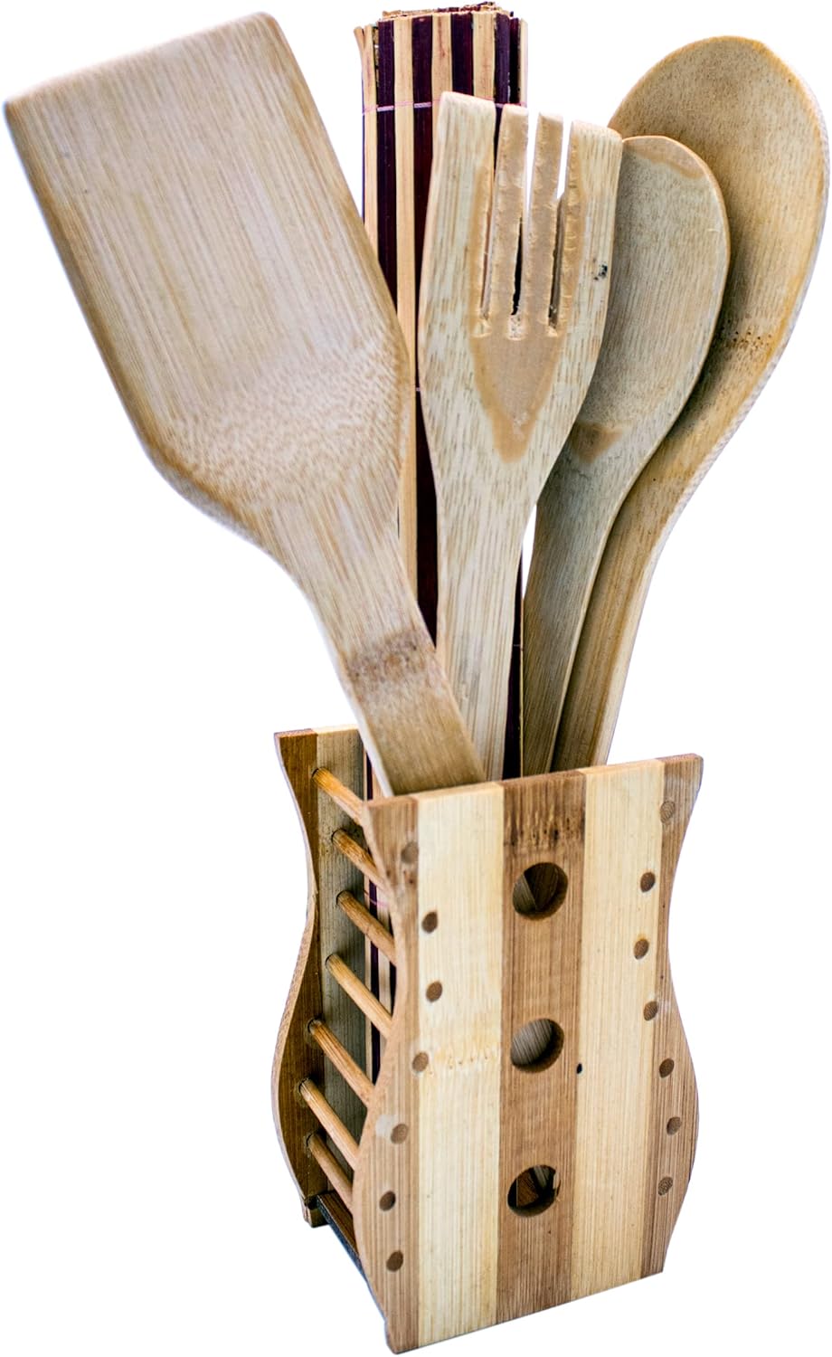 YANEK Bamboo Wooden Cutlery Set | 5 Piece Set with 1 Stand | Wooden Kitchen Utensils | Spoon, Spatula, Slotted Spoon, Turner & Mat