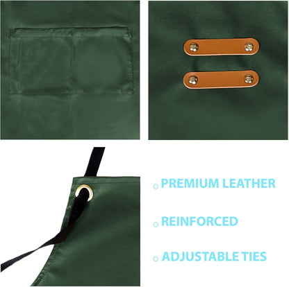 YANEK Unisex Waterproof Leather Chef Apron with Pockets | Leather Apron – Professional Heavy-duty for Home, Kitchen, BBQ, Coffee Shop | 2 Pockets, Adjustable Strap (Green)