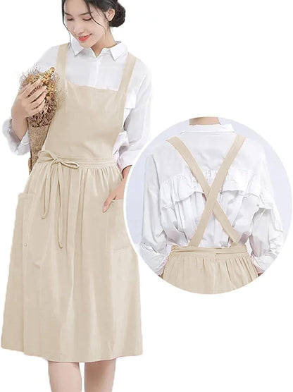 YANEK Cotton Linen Kitchen Apron for Women Durable, Washable, Comfortable and Durable with Pockets and Adjustable Straps; Perfect for Cooking, Baking, Flower Shop, Work, Cleaning