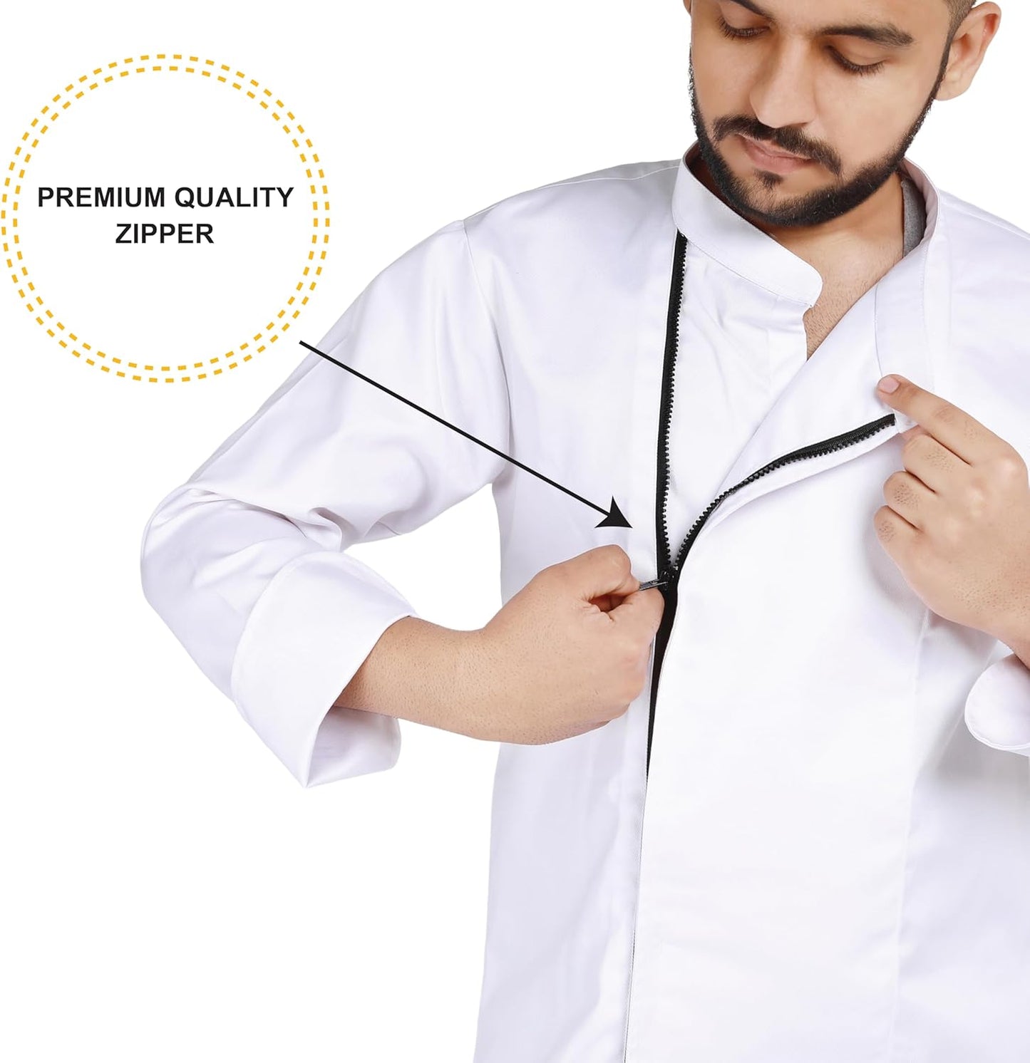 YANEK Men’s Chef Coat with Zipper – Breathable Cotton Blend, Durable Twill Fabric | Easy Care Kitchen Uniform | Wholesale Kitchen Uniforms UAE