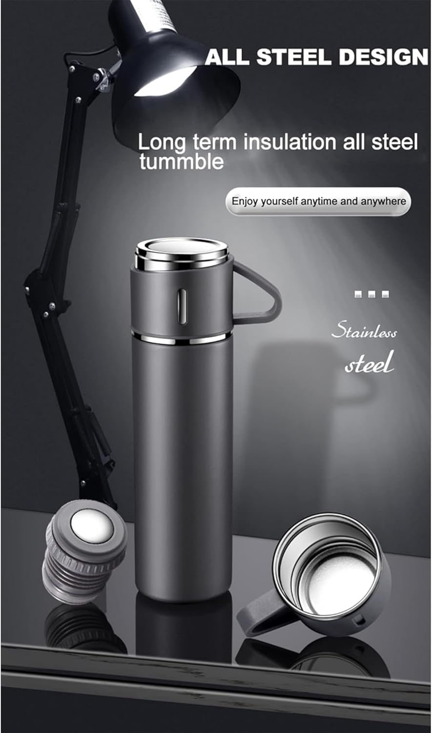 YANEK 500ml Stainless Steel Vacuum Thermos flask with Silicone Handle and Insulated Water bottle with 2 stainless steel cups set for Hot and Cold Outdoor travel | Gift box (1 PACK, PINK)