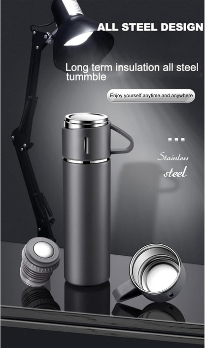 YANEK 500ml Stainless Steel Vacuum Thermos flask with Silicone Handle and Insulated Water bottle with 2 stainless steel cups set for Hot and Cold Outdoor travel | Gift box (1 PACK, PINK)