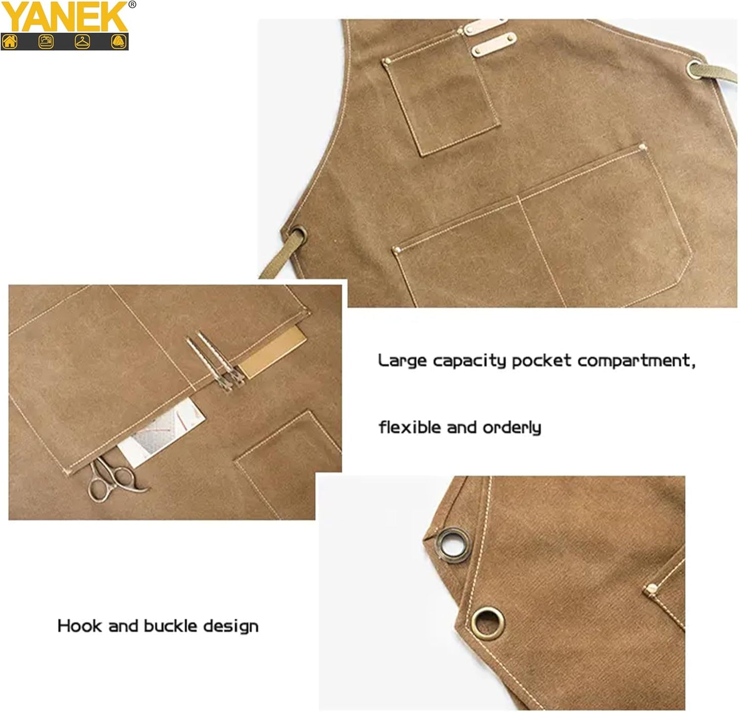 YANEK Chef Apron Cotton Canvas Cross Back Adjustable Apron with 3 Pockets Waterdrop Resistant | for Chef, Artist Painting, Baker, Barista, Bartender, Restaurant, BBQ Aprons for Unisex