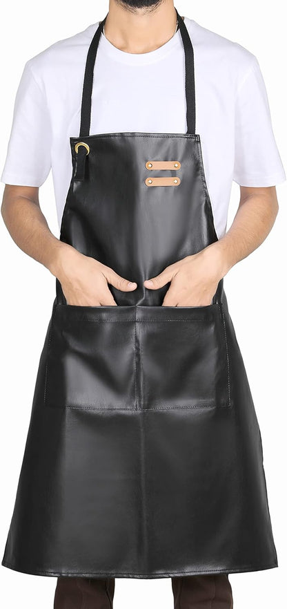 YANEK Unisex Waterproof Leather Chef Apron with Pockets | Leather Apron – Professional Heavy-duty for Home, Kitchen, BBQ, Coffee Shop | 2 Pockets, Adjustable Strap (Green)