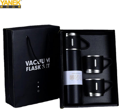 YANEK 500ml Stainless Steel Vacuum Thermos flask with Silicone Handle and Insulated Water bottle with 2 stainless steel cups set for Hot and Cold Outdoor travel | Gift box (1 PACK, PINK)