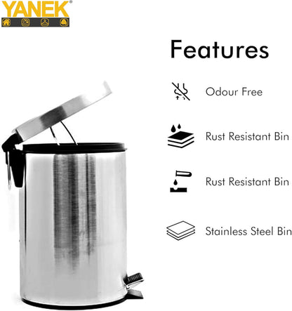 Yanek Stainless Steel Pedal Bin 5L - Compact Trash Can with Foot Pedal for Bathroom, Kitchen, Office, and Home Use - Durable, perfect for small trash items