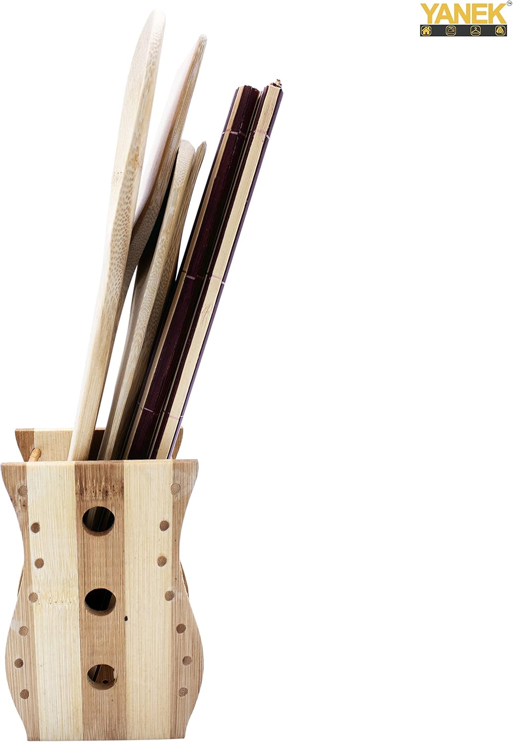 YANEK Bamboo Wooden Cutlery Set | 5 Piece Set with 1 Stand | Wooden Kitchen Utensils | Spoon, Spatula, Slotted Spoon, Turner & Mat