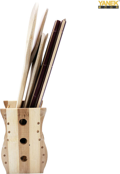 YANEK Bamboo Wooden Cutlery Set | 5 Piece Set with 1 Stand | Wooden Kitchen Utensils | Spoon, Spatula, Slotted Spoon, Turner & Mat