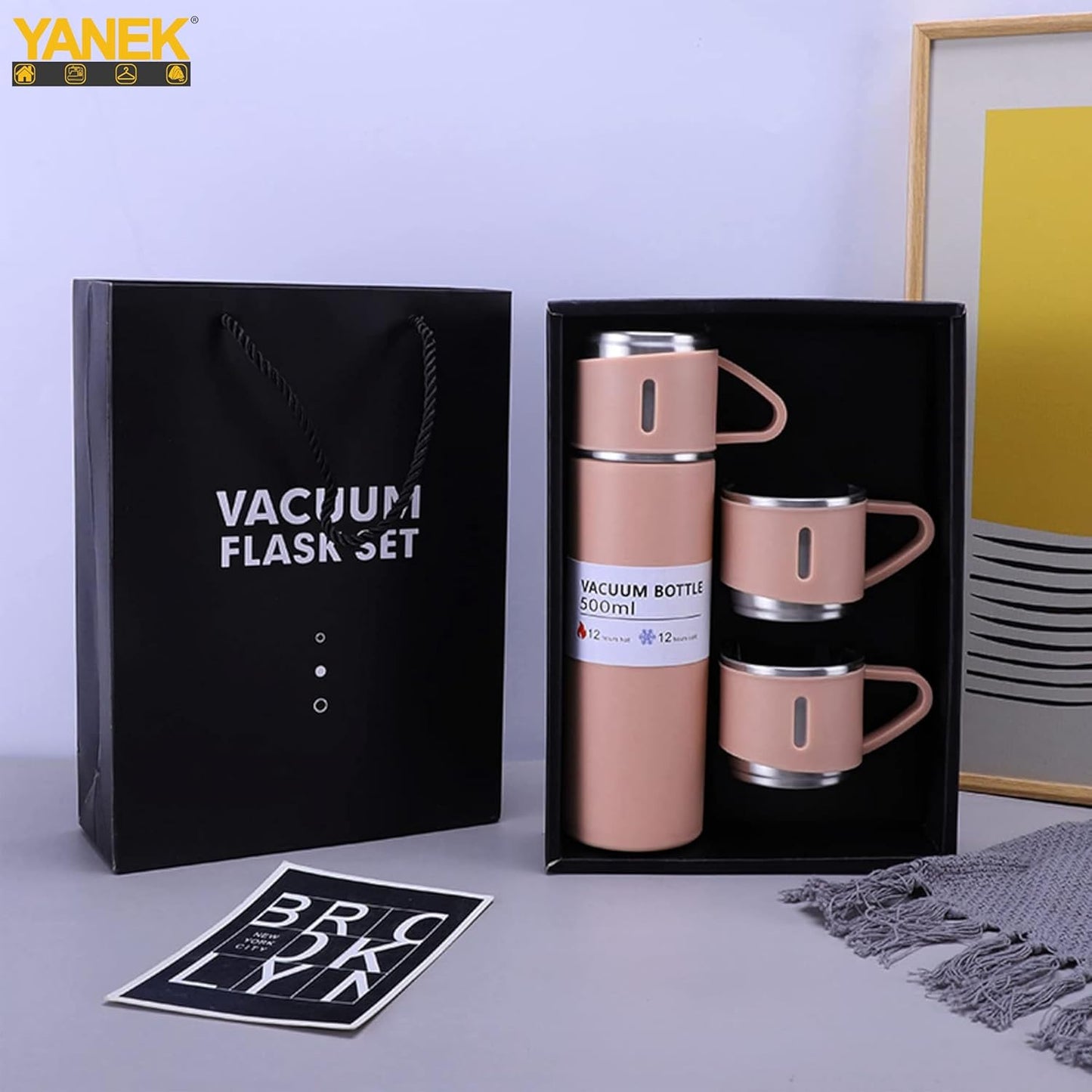 YANEK 500ml Stainless Steel Vacuum Thermos flask with Silicone Handle and Insulated Water bottle with 2 stainless steel cups set for Hot and Cold Outdoor travel | Gift box (1 PACK, PINK)