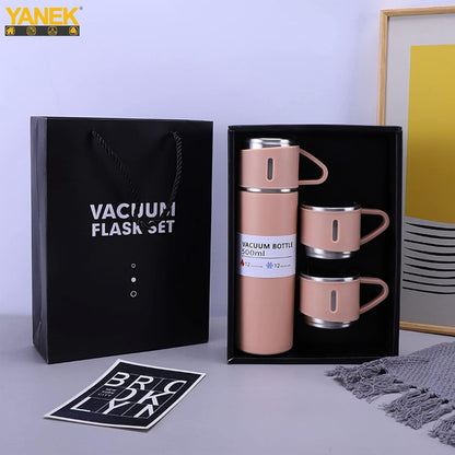 YANEK 500ml Stainless Steel Vacuum Thermos flask with Silicone Handle and Insulated Water bottle with 2 stainless steel cups set for Hot and Cold Outdoor travel | Gift box (1 PACK, PINK)
